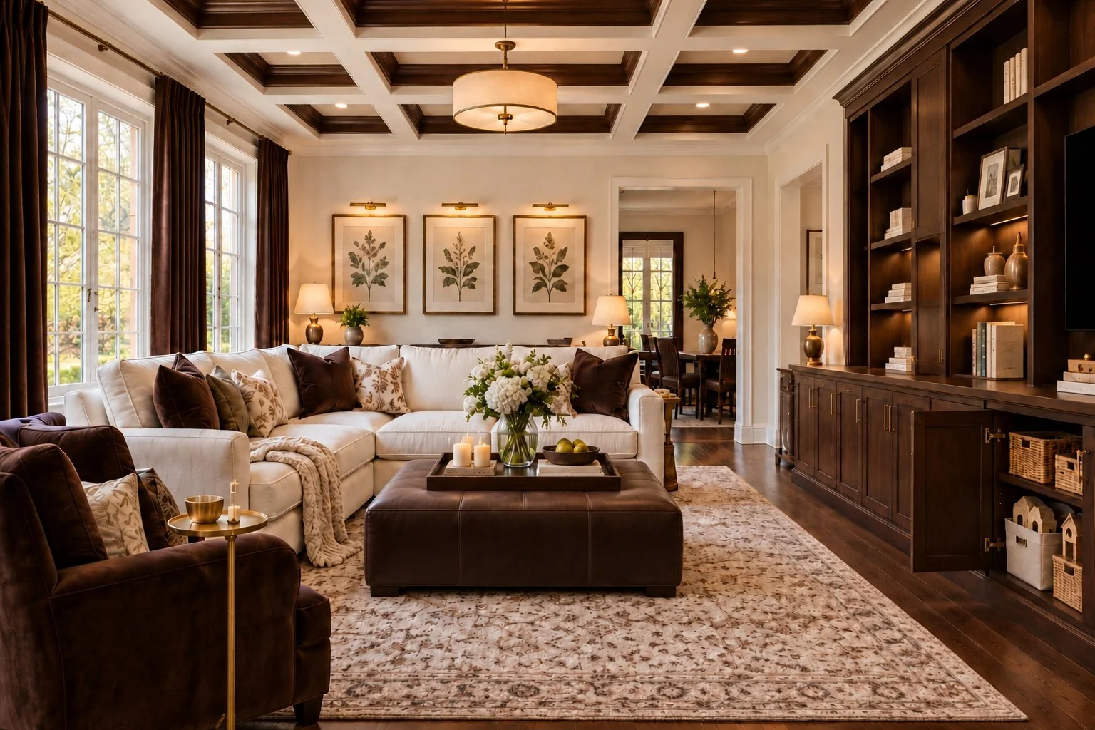 White-and-chocolate living-room concept with plush seating, a feature ceiling and cupboard storage