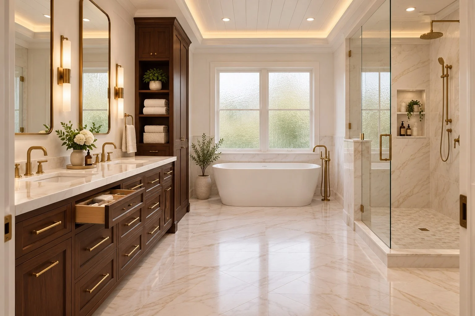 Washroom concept: A calm washroom with beautifully useful storage